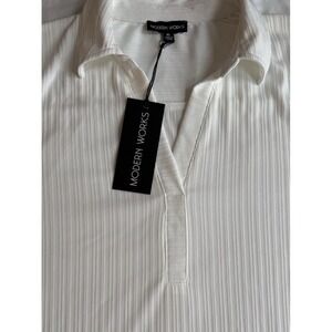 Modern Works Women's Short-Sleeved Top Size XL White Ribbed V-Neck